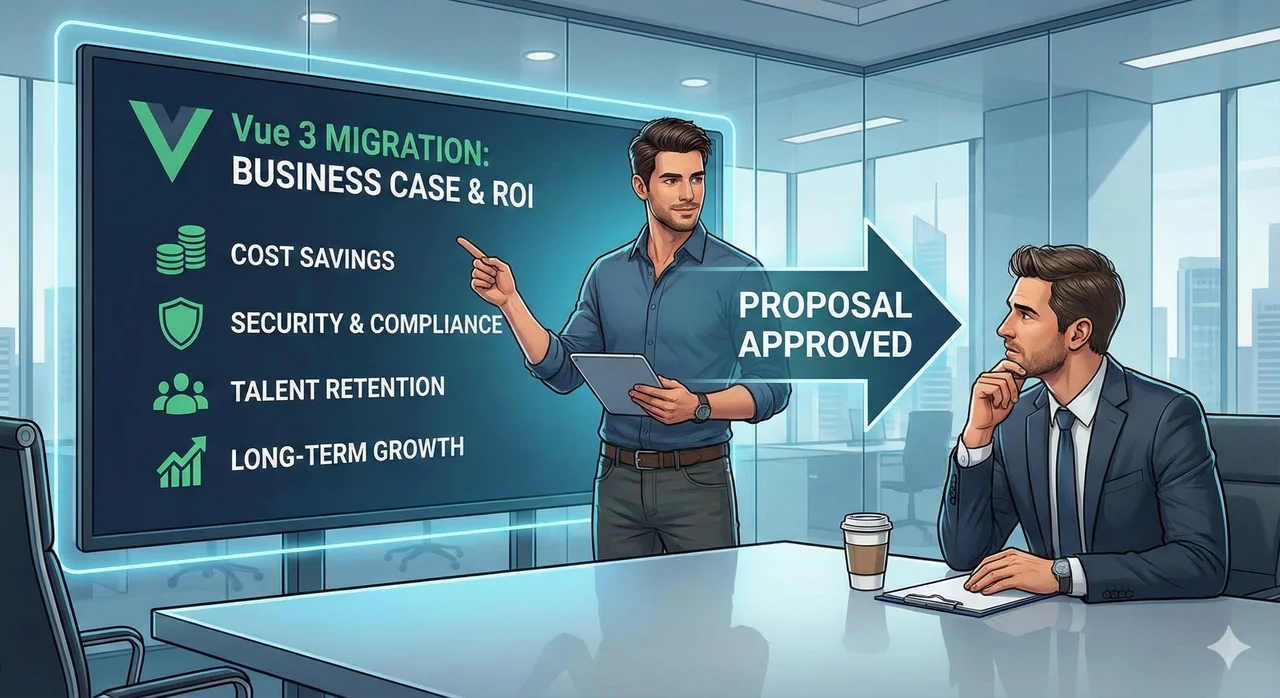 A developer presenting a proposal document to a manager in a modern office meeting room