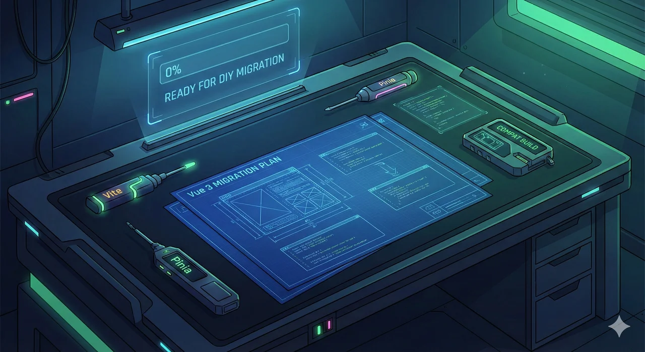 A technical workbench displaying blueprints and tools for a DIY Vue 3 migration