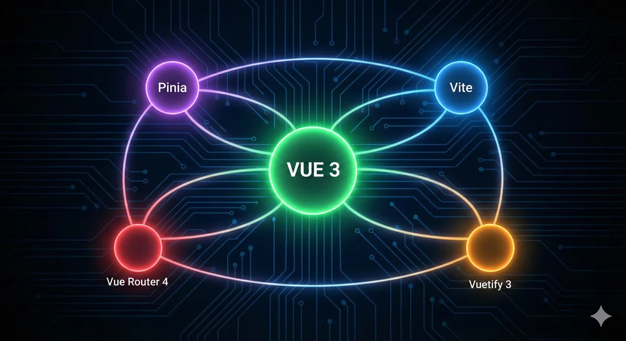 A network diagram showing the interconnected dependencies required for a full Vue 3 upgrade