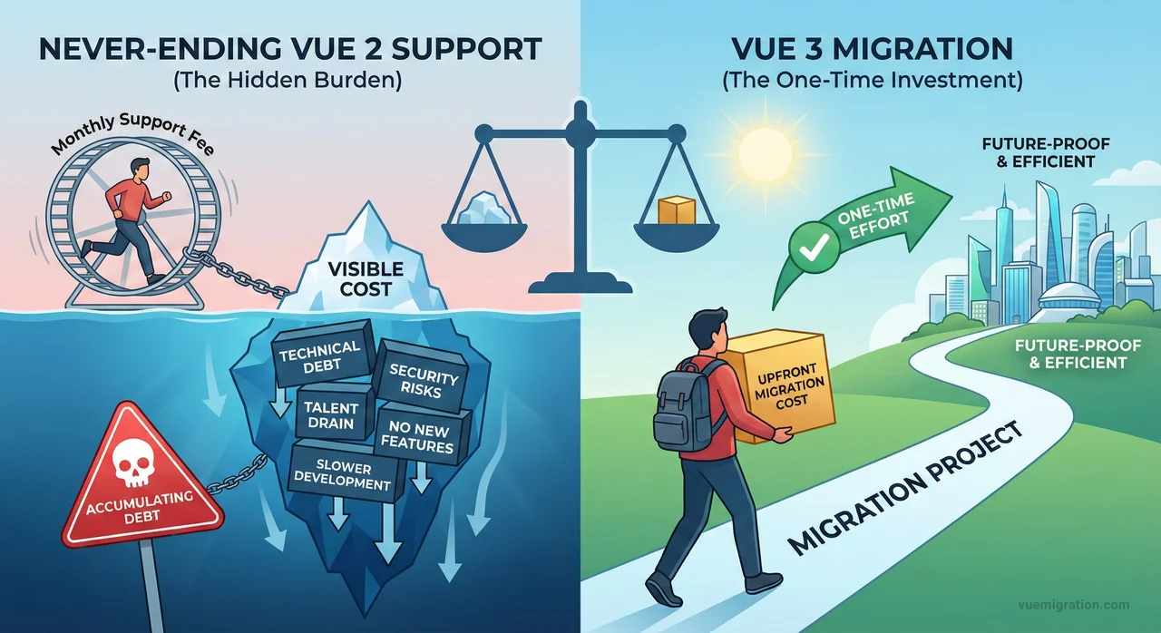 Vue 2 to Vue 3 migration cost comparison chart showing extended support vs one-time migration