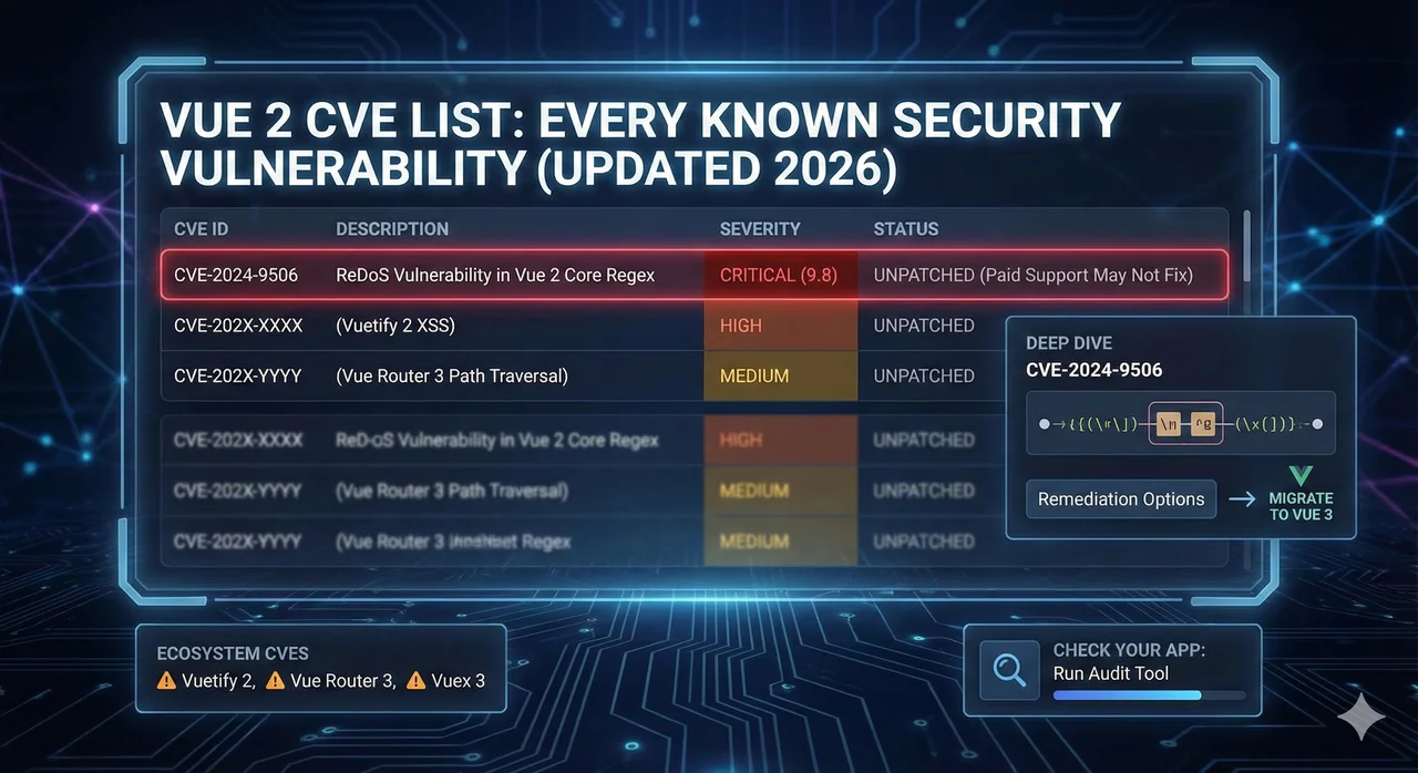 A security dashboard showing CVE alerts and vulnerability scan results for Vue.js applications