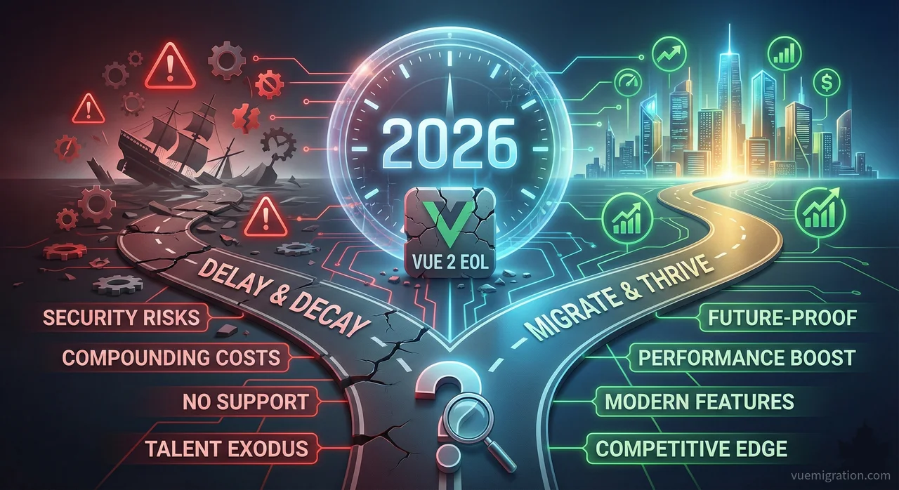 A warning sign with Vue 2 EOL message and a countdown timer showing time passed since end of life