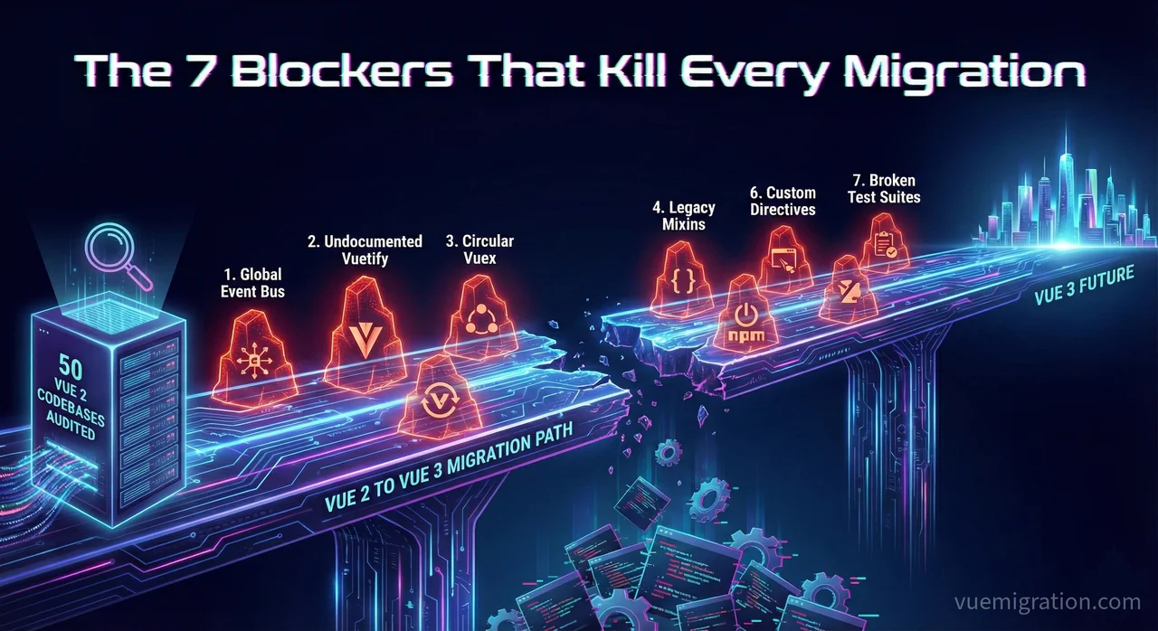 A developer looking frustrated at code with red error messages and migration blockers highlighted