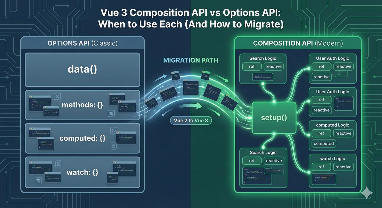 Split-screen code editor showing Options API on one side and Composition API on the other with Vue 3 syntax