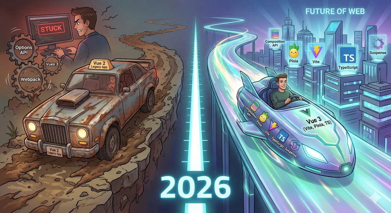 A split screen showing modern Vue 3 code with Composition API on one side and legacy Vue 2 Options API on the other