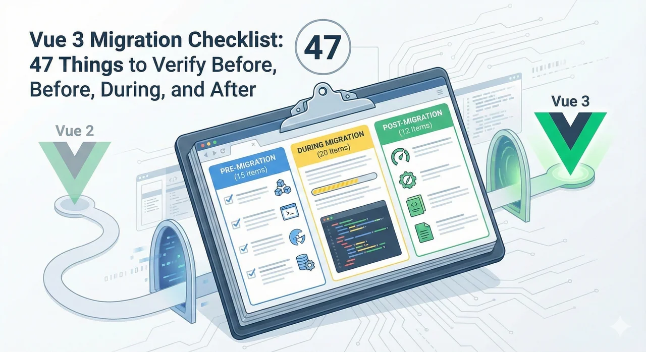 A detailed checklist document with checkboxes showing Vue 3 migration tasks organized by phase