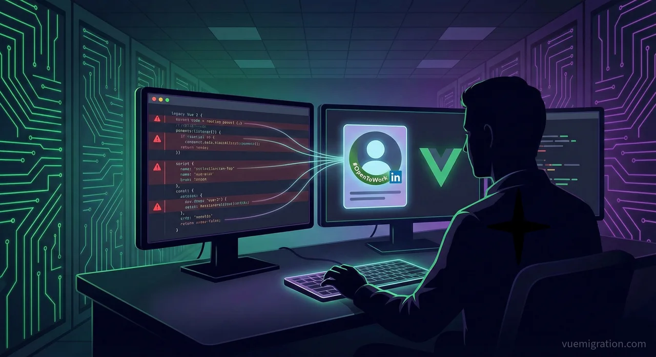 A developer looking at job listings on their phone while sitting at a desk with Vue 2 code on the monitor